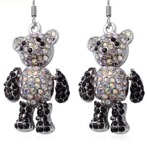 NWP Aurora Borealis & black Austrian Crystal teddy bear earrings in silvertone